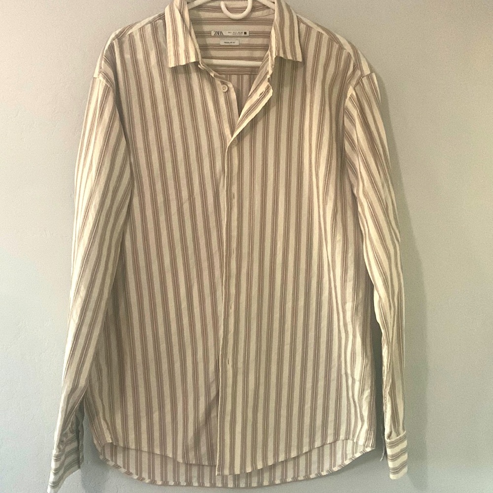 ZARA MEN BROWN STRIPE SIZE LARGE BUTTON DOWN REGULAR FIT LONG SLEEVE